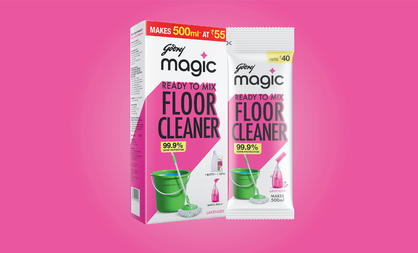 Our reconstituted product portfolio of Magic Floor Cleaner uses 94% less plastic<br>and 72% less paper in its packaging.